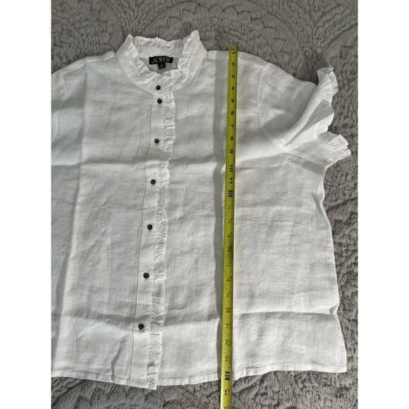 J. Crew White Ruffle Trim Button Up Shirt In 100 % Linen Size 2X New Collared - Picture 6 of 6